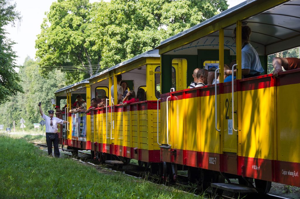 Kierownik pociągu podaje sygnał odjazd dla pociągu do Sztutowa na przystanku Jantar Leśniczówka. Fot. Przemysław Strzyżewski.